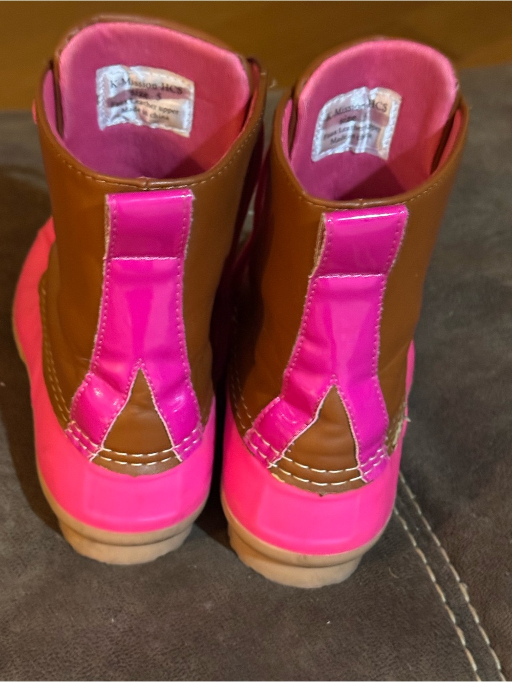 K MISSION -HCS BOUTIQUE Brown and Hot Pink Lace-Up Water Duck Boots - Picture 4 of 7